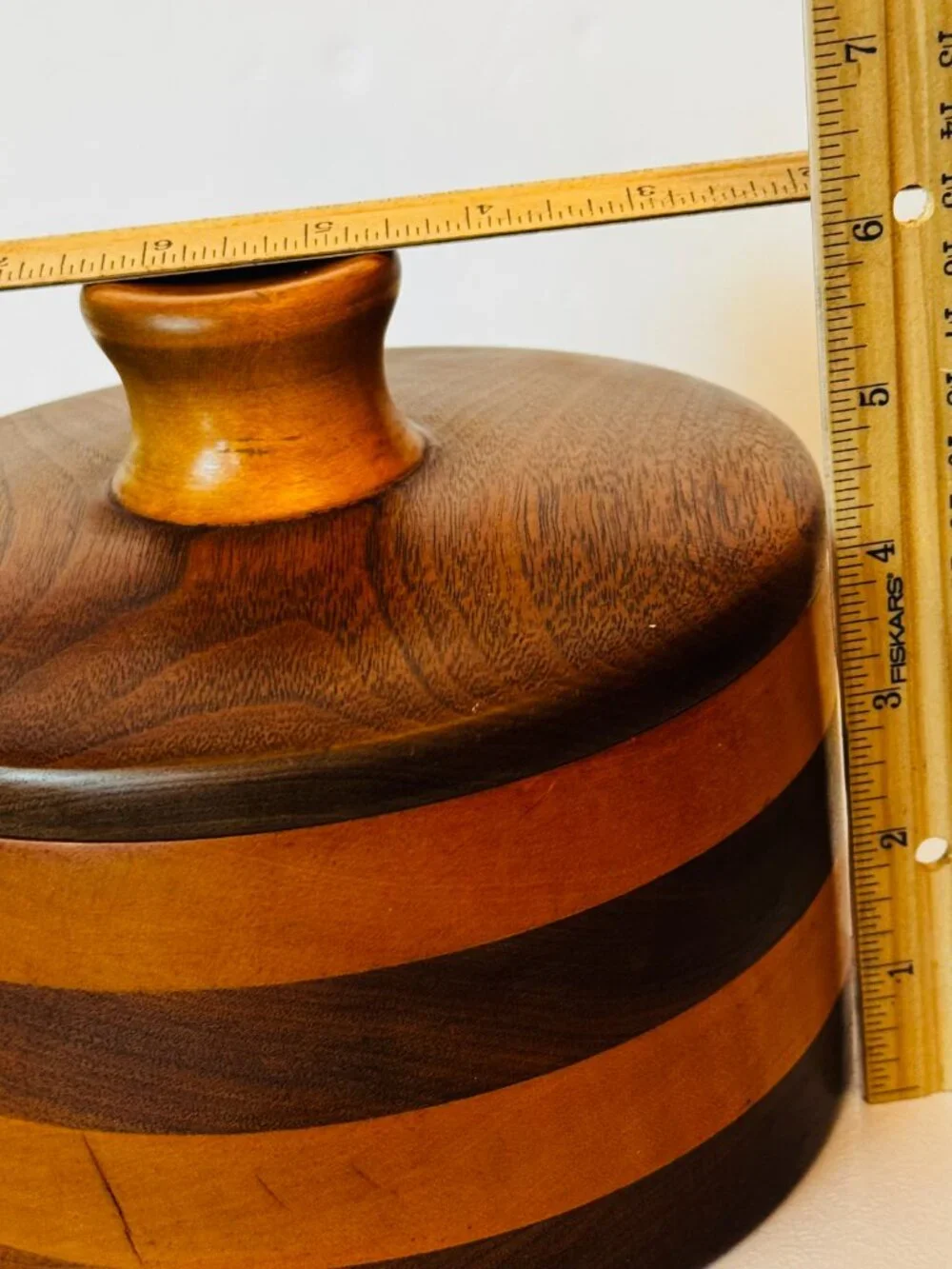 Handmade Turned Wood Round Box 7x7 Trinket Box with Lid 4 Layer Cabin READ